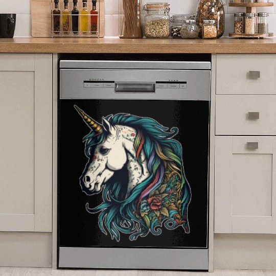 Unicorn elf mythical creature tattoo drawing horse Dish Washer Covers