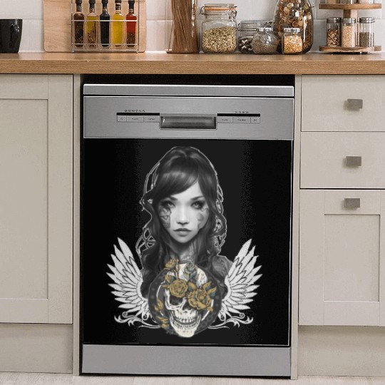 Gothic Girl Portrait Biker Babe Flower Skull Aesth Dish Washer Covers