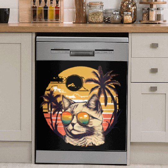 Retro Cat Vintage Sunset 80s 90s Sunglasses Party Dish Washer Covers