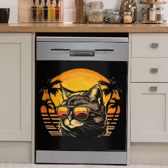 Retro Cat Vintage Sunset 80s 90s Sunglasses Party Dish Washer Covers