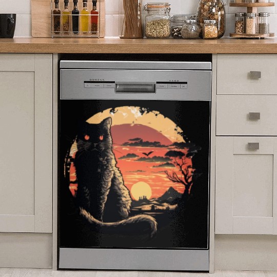 Catzilla Vintage Funny Cute black Cat Art Japanese Dish Washer Covers