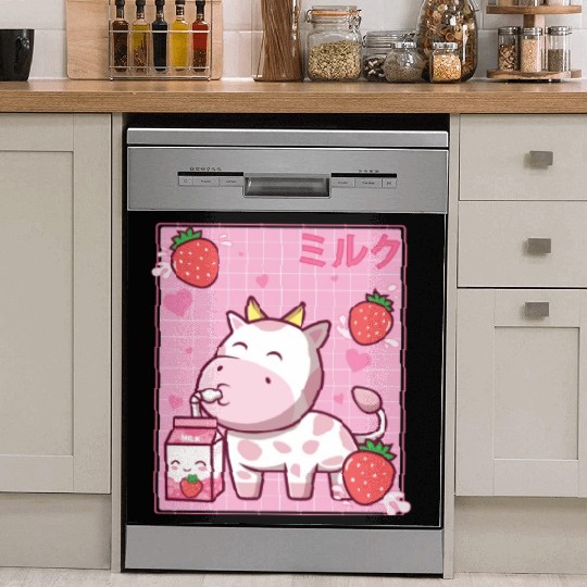 Kawaii Pink Strawberry Cow Milk Shake Otaku Anime Dish Washer Covers