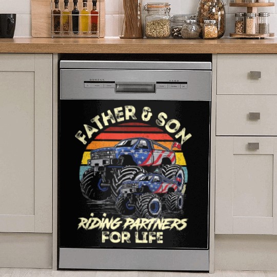 Father and Son Riding Monster Truck For Life Raci Dish Washer Covers