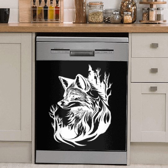 Pretty Cute Tattoo Style Fox In The Forest Dish Washer Covers