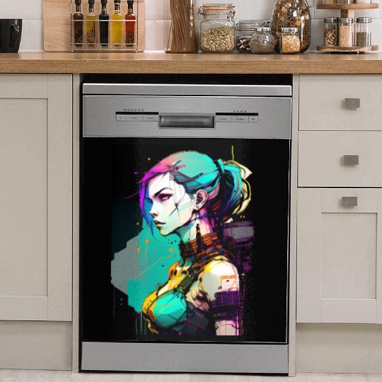 Bold and Beautiful Cyberpunk Girl with Teal Hair Dish Washer Covers
