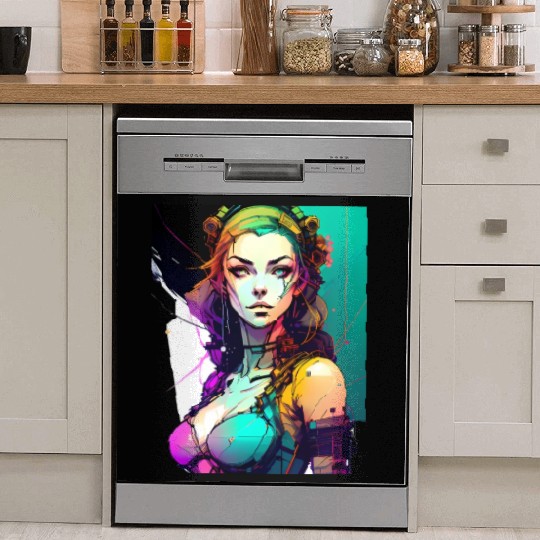 Technicolor Dreams Cyberpunk Girl in Vibrant Hues Dish Washer Covers