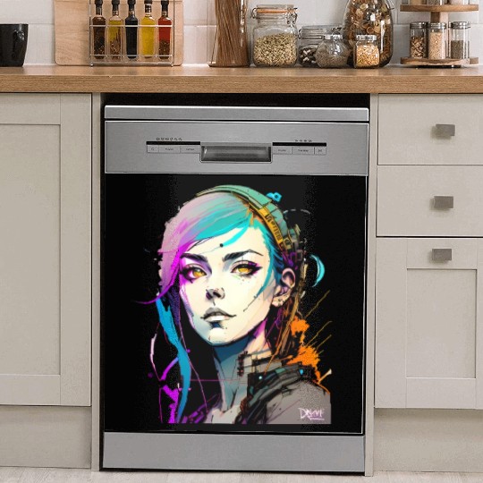 A Digital Diva Stunning Cyberpunk Beautiful Girl Dish Washer Covers