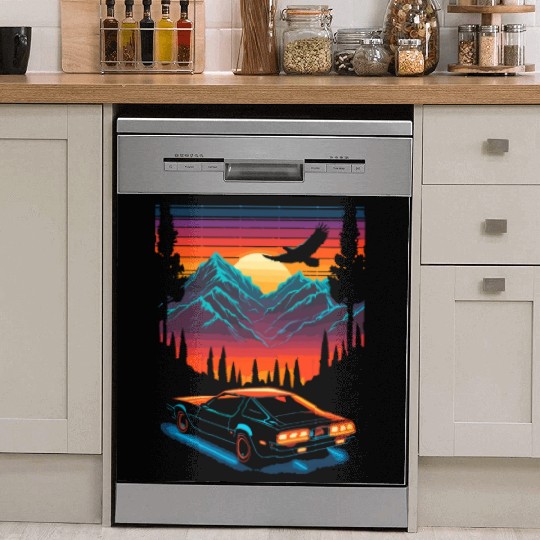1980s Muscle Car and Retro Neon Mountain Sunset Dish Washer Covers