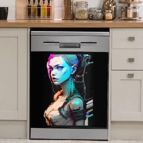 High Tech Style Illustration of a Cyberpunk Girl Dish Washer Covers