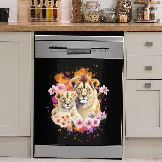 Lion Mom & Son Cubs with Flower Watercolor Dish Washer Covers