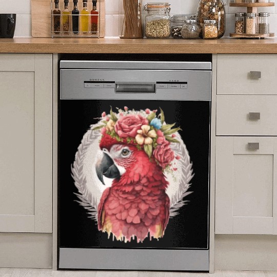 Scarlet Macaw Parrot Watercolor Bird Flower Crown Dish Washer Covers