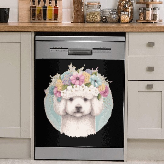 Cute Bichon Frise Flower Crown Pet Dog Floral Pupp Dish Washer Covers