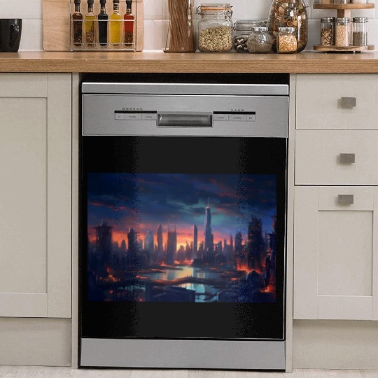 Chicago Post Apocalyptic Hues Cyberpunk Neon Dish Washer Covers
