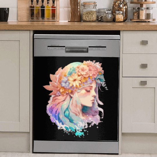 Watercolor Girl Spring Flower Crown Fairy Cottagec Dish Washer Covers