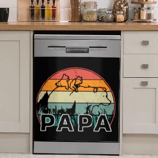 Papa Bear With Cubs Retro Grizzly Bear Forest Tree Dish Washer Covers