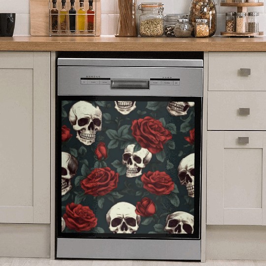 Dark Elegant Gothic Pattern Skulls & Red Roses Dish Washer Covers