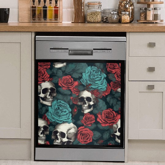 Gothic Skulls & Red Roses Pattern Dark Elegant Dish Washer Covers