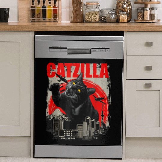 Catzilla Vintage Funny Cute Cat Art Japanese Sunse Dish Washer Covers