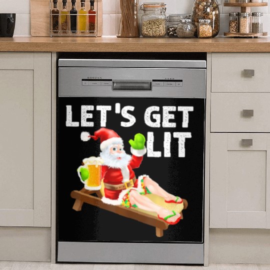Lets Get Lit Santa Funny Christmas In July Santa Dish Washer Covers