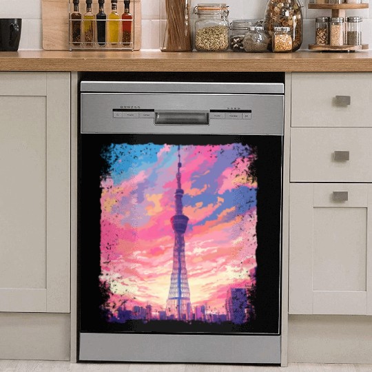 Vaporwave Aesthetic Skytree Tokyo Japanese Sight Dish Washer Covers
