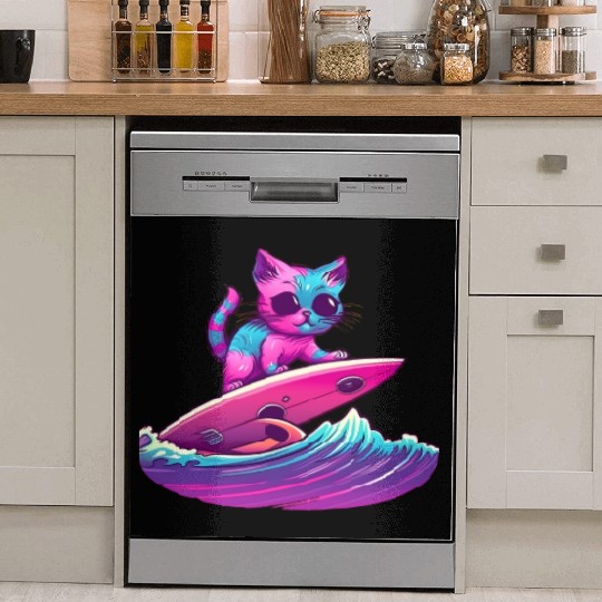 Synthwave Surfing Cat Dish Washer Covers