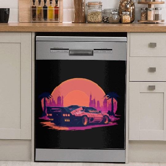 Cyberpunk car in sunset cityscape Dish Washer Covers