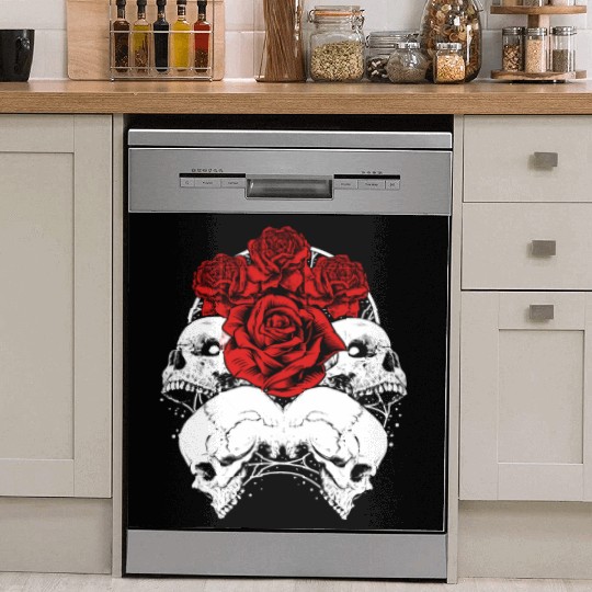 Gothic Dish Washer Covers, Skull Red Roses Goth Vintage Grunge