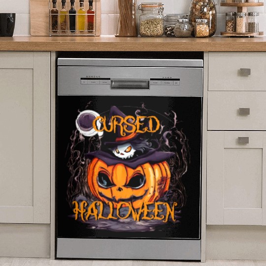 Cursed Halloween scary pumpkin with hat Dish Washer Covers