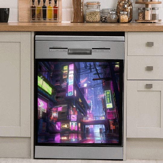 Anime-Influenced Digital Art of Tokyo Street Scene Dish Washer Covers
