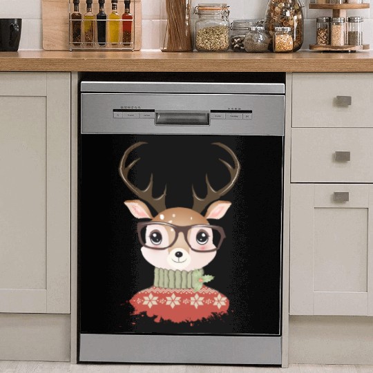 Deer with Christmas sweater and nerd glasses Dish Washer Covers