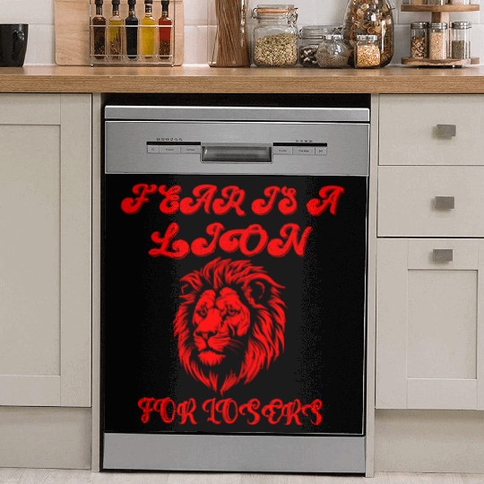 Defeating Fear with Courageous Lion Graphic. Dish Washer Covers