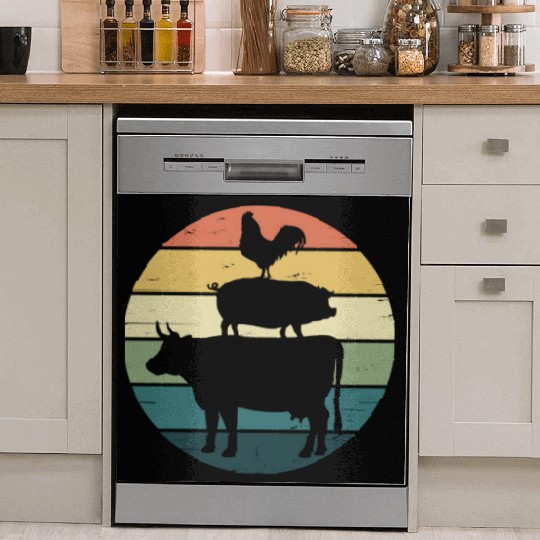 Retro Rainbow Stacked Farm Animals Cow Pig Rooster Dish Washer Covers