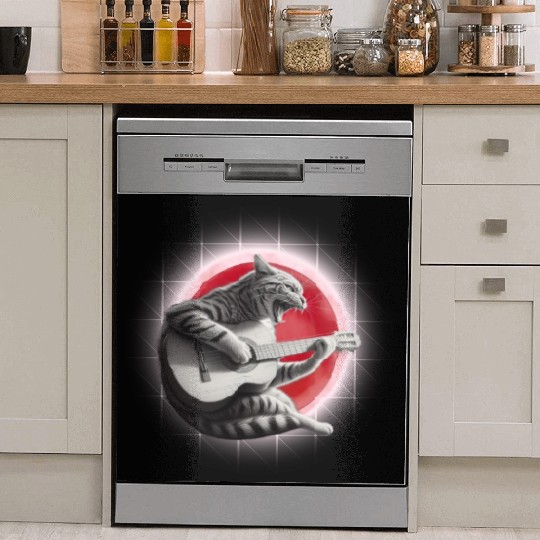 Rock Cat Playing Guitar Dish Washer Covers under the red moon