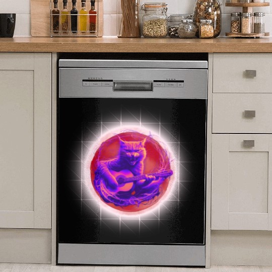 Rock Cat Playing Guitar Dish Washer Covers under the red moon