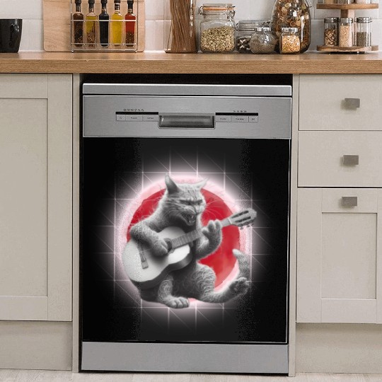 Rock Cat Playing Guitar Dish Washer Covers under the red moon