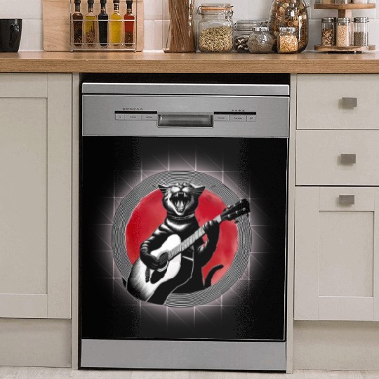 Rock Cat Playing Guitar Dish Washer Covers under the red moon