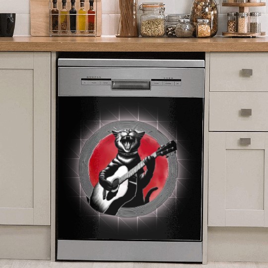 Rock Cat Playing Guitar Dish Washer Covers under the red moon