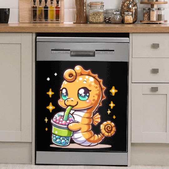 Kawaii Sea Horse Enjoys Bubble Tea Sea Animal Boba Dish Washer Covers