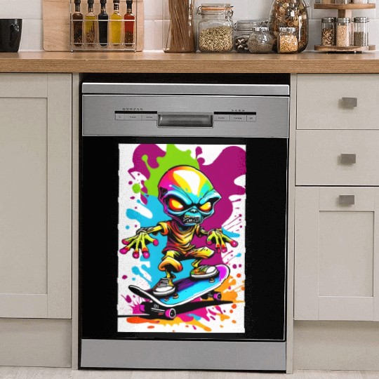 Alien on skateboard colorful illustration Dish Washer Covers