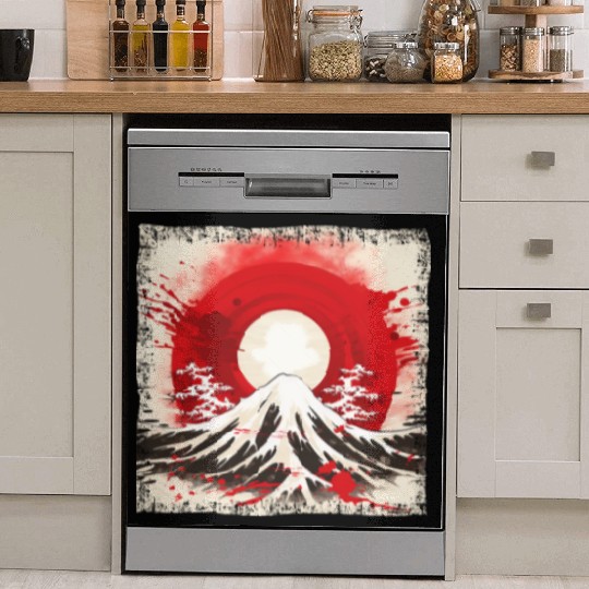 Kyoto Mountains: Flag, Volcano, and Blood Moon Dish Washer Covers