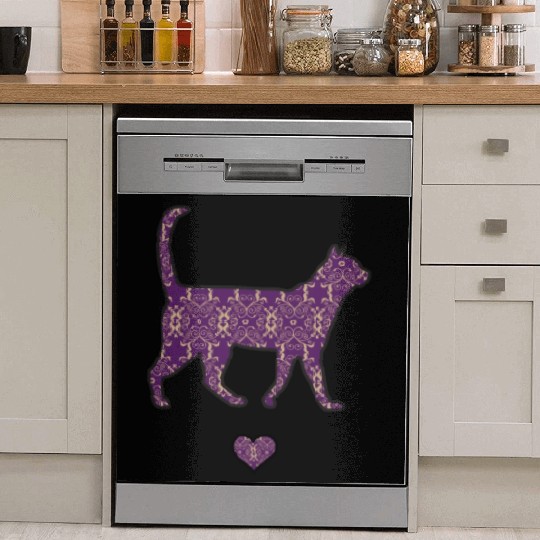 Purple Cat Damask Style Love Heart Cute Silhouette Dish Washer Covers