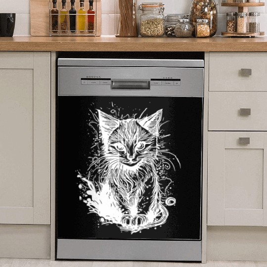 Cuddly Little Cat In Vintage Tattoo Style Dish Washer Covers