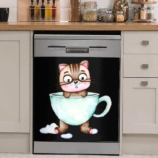 Surprised Silly Cat Wearing Coffee Cup Dish Washer Covers