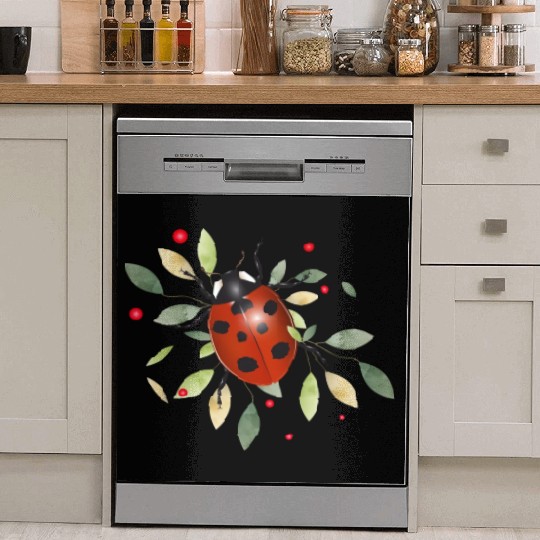 red glowing ladybug with green leaves Dish Washer Covers