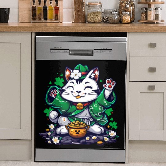 Kawaii St Patricks Day Cat With a Pot Of Gold Dish Washer Covers