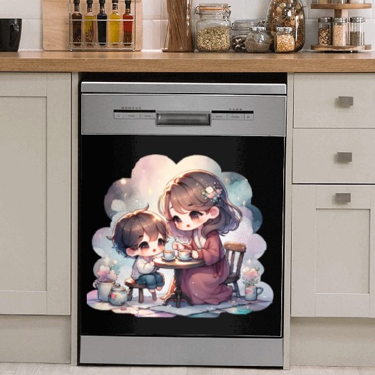 Mother and Son Enjoying a Cozy Tea Party Dish Washer Covers