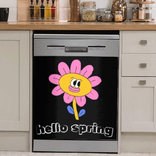 Funny retro hello spring day groovy flowers cute Dish Washer Covers