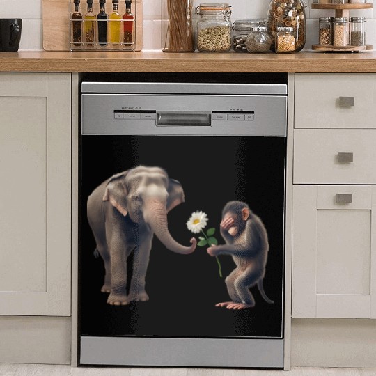 Monkey Gifting Flower to Shy Elephant Dish Washer Covers