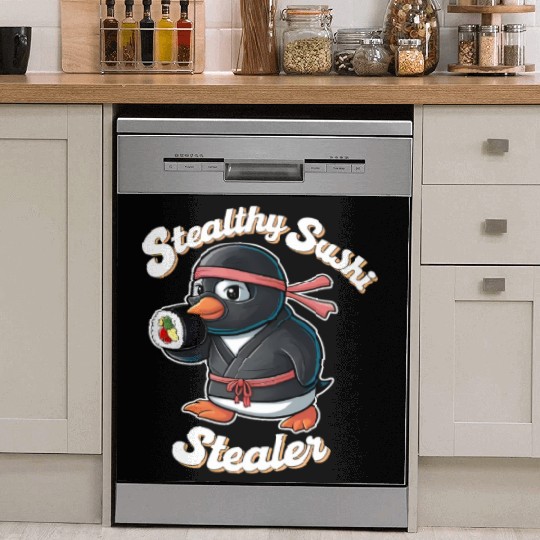 Ninja Penguin Stealing Sushi Dish Washer Covers