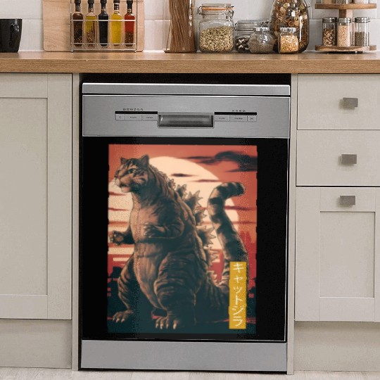 Funny Cute Cat Art Japanese Sunset Retro Catzilla Dish Washer Covers